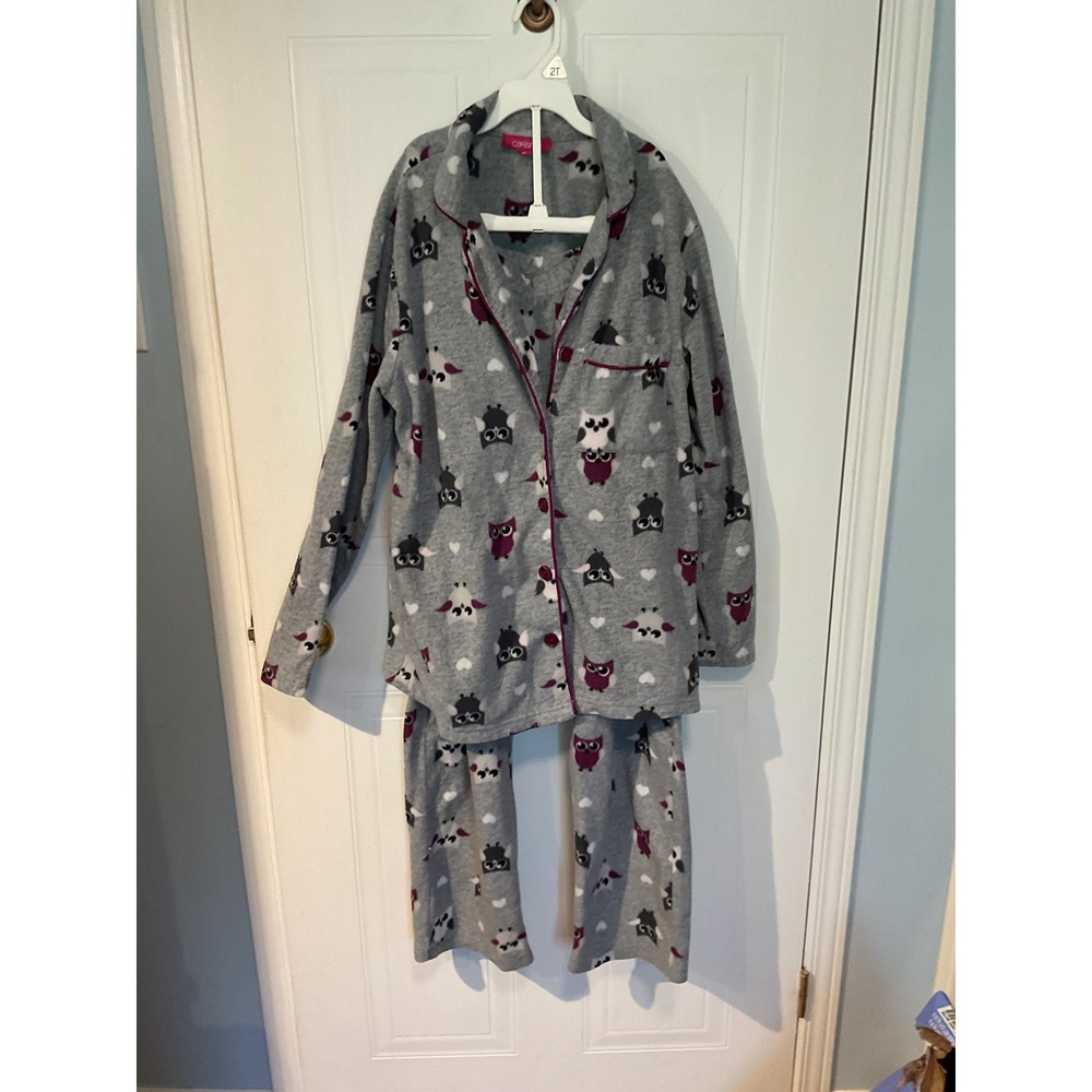 Carisma Pajama Set Womens Medium Grey Excellent Fleece Owl Print Button Front